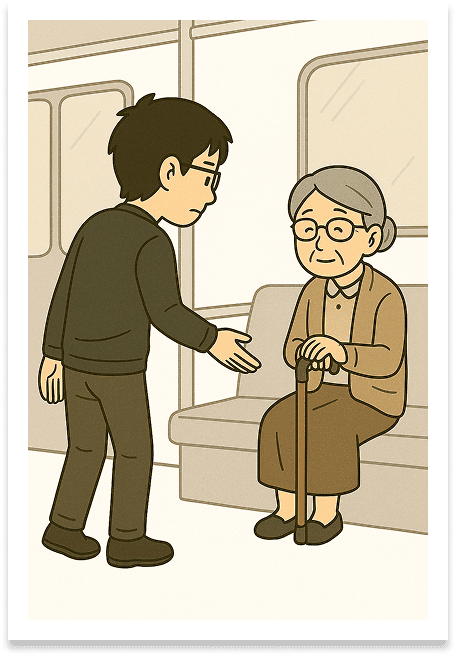 席は譲るが無言で立ち去る